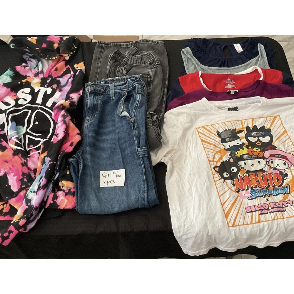 Mixed Brands Outfit Lot Girls 14-16 Jeans Hoodie Shirts Naruto Hello Kitty 8pc